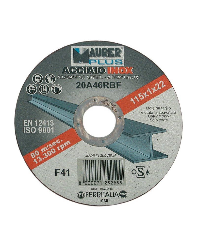 Disco da taglio mm230x1,9 resinoide rinforzato a centro piano  MAURER PLUS per acciaio inox - diam. foro 22,23 mm