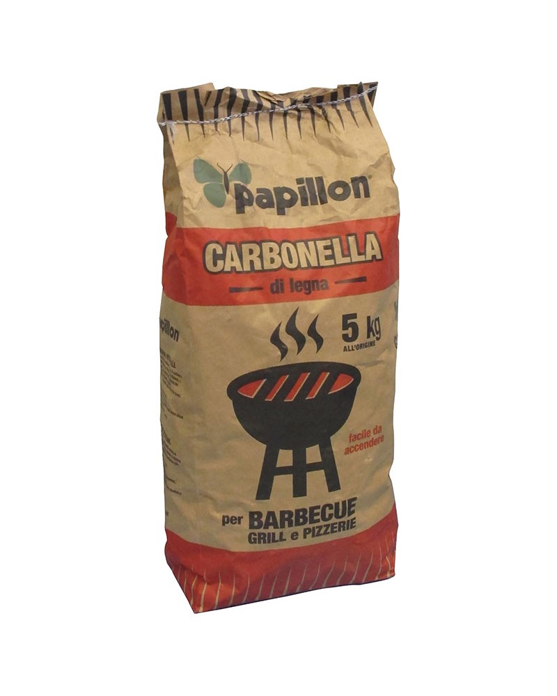 Sacchetto di carbone vegetale 5KG PAPILLON - per barbecue - ottenuto da legni duri che gli conferiscono un alto potere calorific
