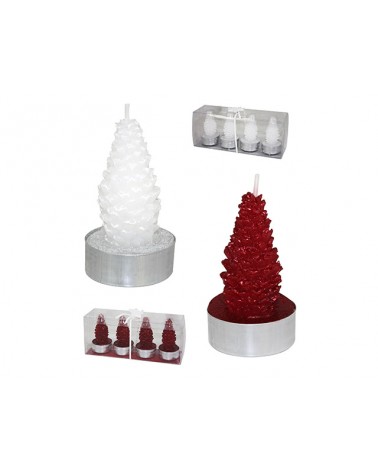 SET 4 CANDELE ALBERO PIGNASet 4 candele a forma di albero in confezione monocolore rosso o bianco. H 7x Ø 4 cm.