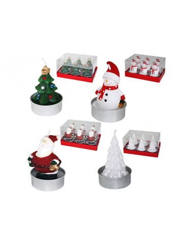Set 6 mini candele NATALE forme assortite babbo Natale, pupazzo, albero e renna. H 7x Ø4 cm.