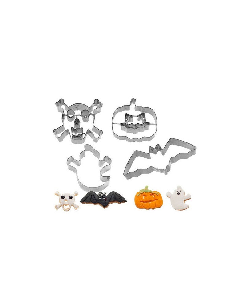 Set stampi per biscotti Halloween, in acciaio inossidabile misure 22,5x13x2,6 cm, 4 pezzi assortiti nelle forme zucca, pipistrel