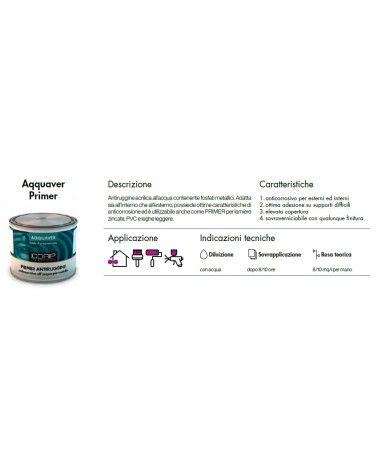 AQQUAVER PRIMER ANTIRUGGINE  BIANCO BASE P/T ML500. Antiruggine acrilica all’acqua contenente fosfati metallici. Adattasia all’i