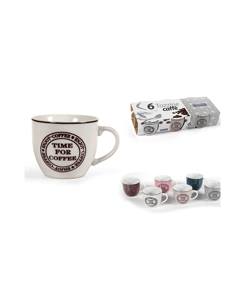 Confezione 6 tazze caffè senza piatto in porcellana decoro TIME FOR COFFE colori assortiti 90 cc.