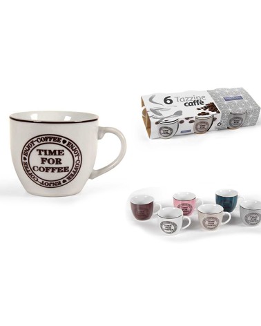 Confezione 6 tazze caffè senza piatto in porcellana decoro TIME FOR COFFE colori assortiti 90 cc.