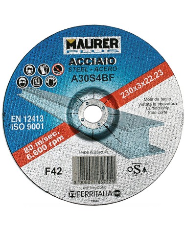 Disco da taglio MM230X2,5X22 resinoide rinforzato a centro depresso MAURER PLUS per ferro - uso su macchine portatili