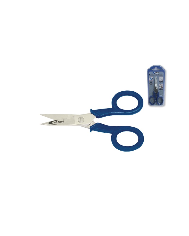 Forbici CURVE MM140 per elettricista Labor, lame cromate e gola tagliafilo, manici isolati in poliamide.