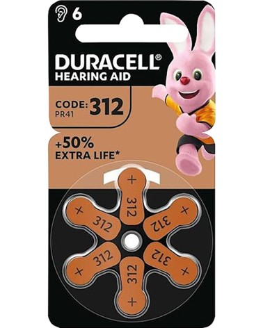 PILE 312 DURACELL 6 PEZZI, PR41 MARRONE acustica easy tab - batteria per apparecchi acustici