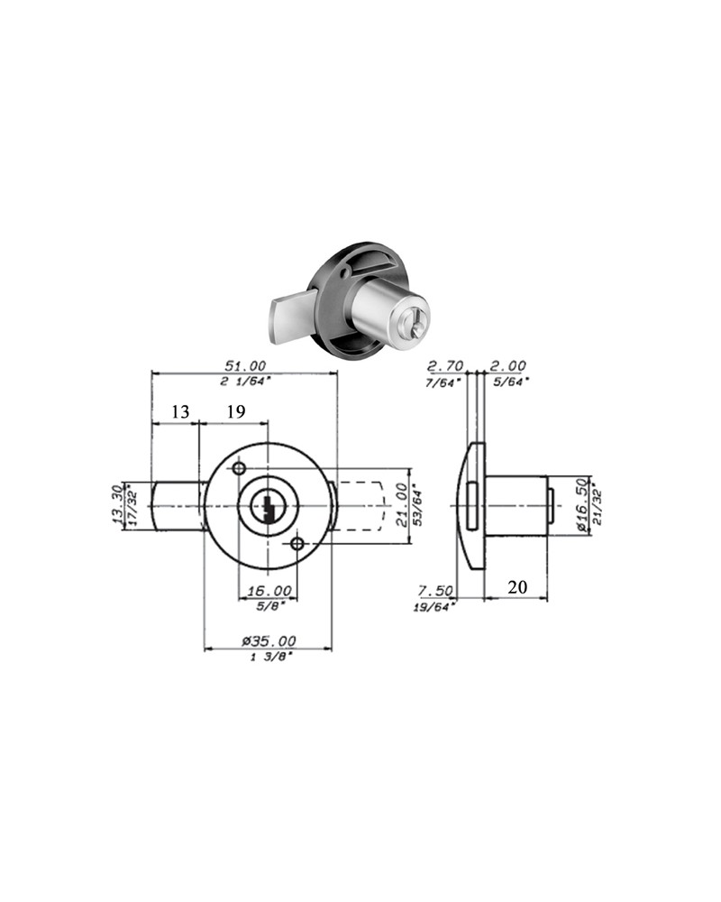 SERRATURA VERTICALE X CASSETTI, Meroni 2131 serratura da applicare. D.16,5X20MM SPORGENTE DI 6MM