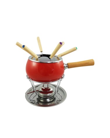 SERVIZIO FONDUTA SMALTATO ROSSO. Servizio fonduta 12 pezzi in acciaio inox smaltato nero manico legno. Il Set comprende: 1 pento