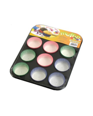 STAMPO MUFFIN GARDENIAStampo da 12 muffin Gardenia con rivestimento antiaderente. Dotato di 60 pirottini in colori assortiti