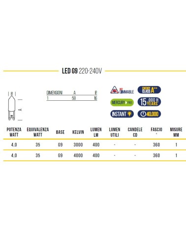 LAMPADINA G9 LED 400 LM 4W