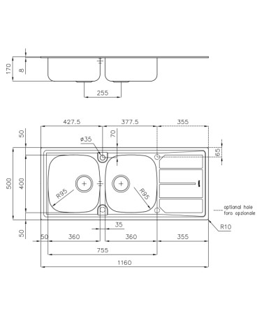 LAVELLO INOX 116X50 BUC.DX