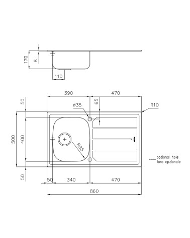 LAVELLO INOX 86X50 BUCA.DX