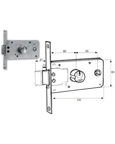 FA.SE.M 901 Serratura a fascia da infilare E=60mm, cilindro tondo Ø25x54, 2 chiavi, quadro 8,frontale mm18x130.