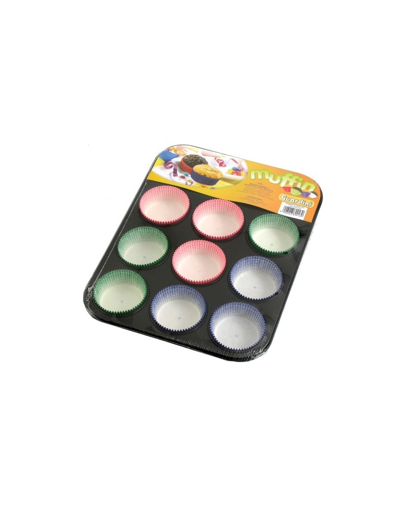 STAMPO MUFFIN GARDENIAStampo da 12 muffin Gardenia con rivestimento antiaderente. Dotato di 60 pirottini in colori assortiti
